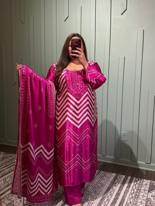 Pure Gajji Silk Fuscia MirrocHand Work Pink Three Piece