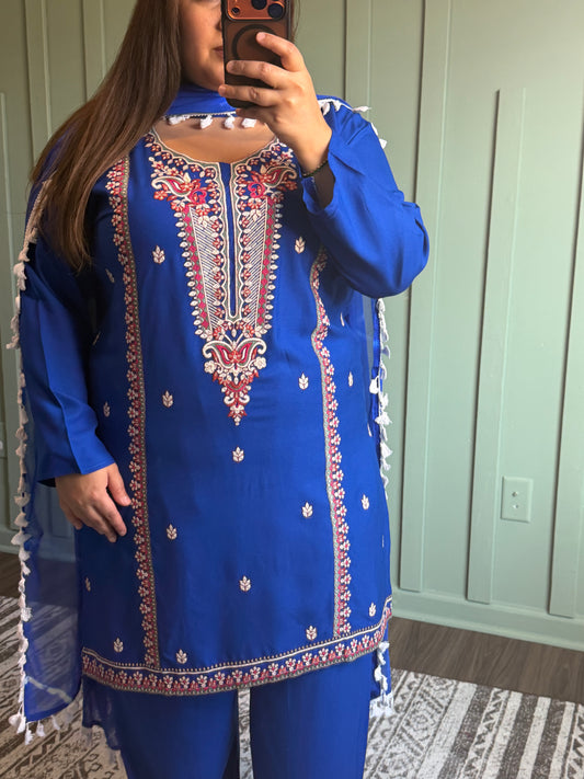 Viscose Rayon Electric Blue Three Piece