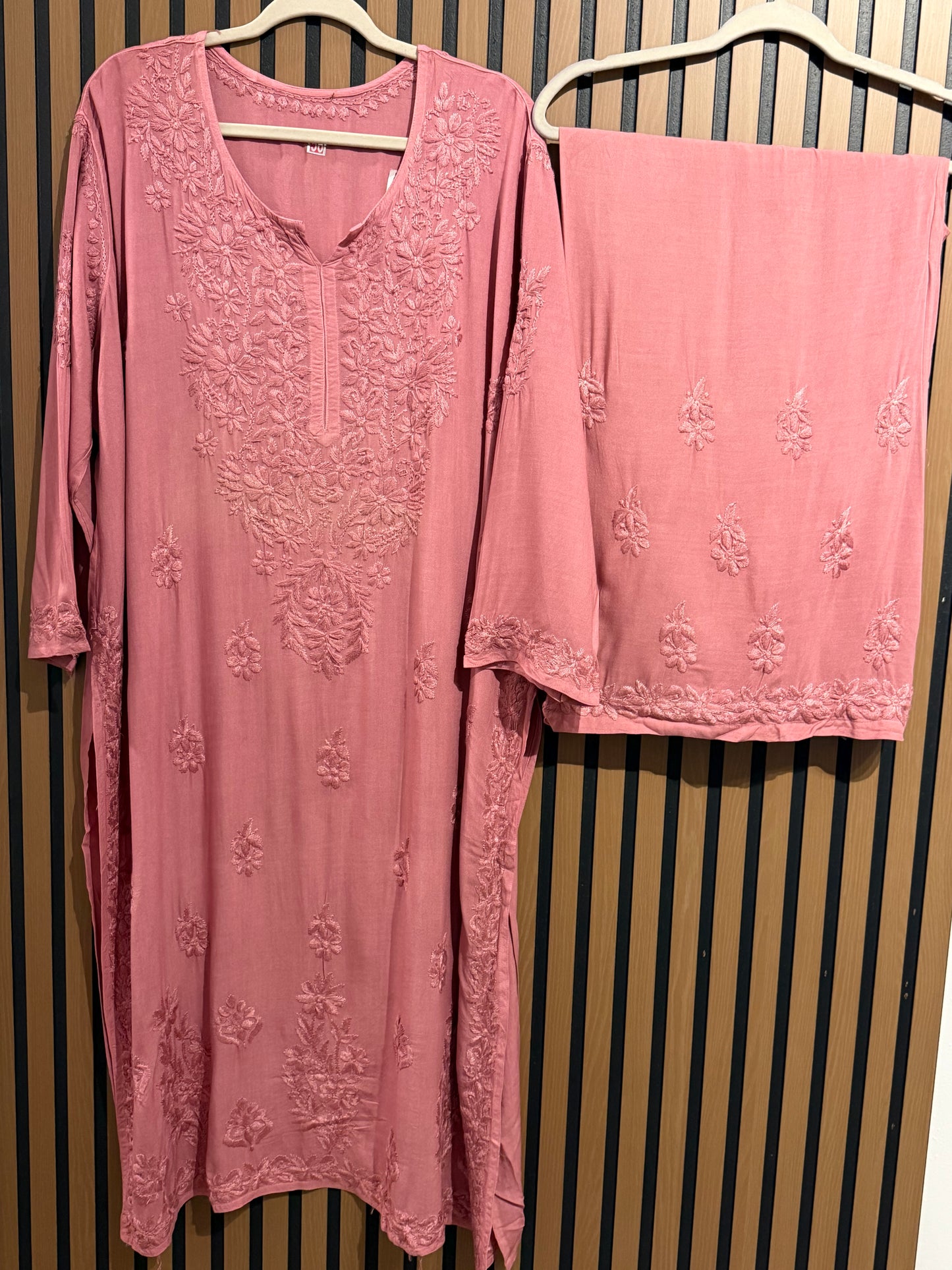 CORAL RAYON CHIKANKARI WITH PLAZO