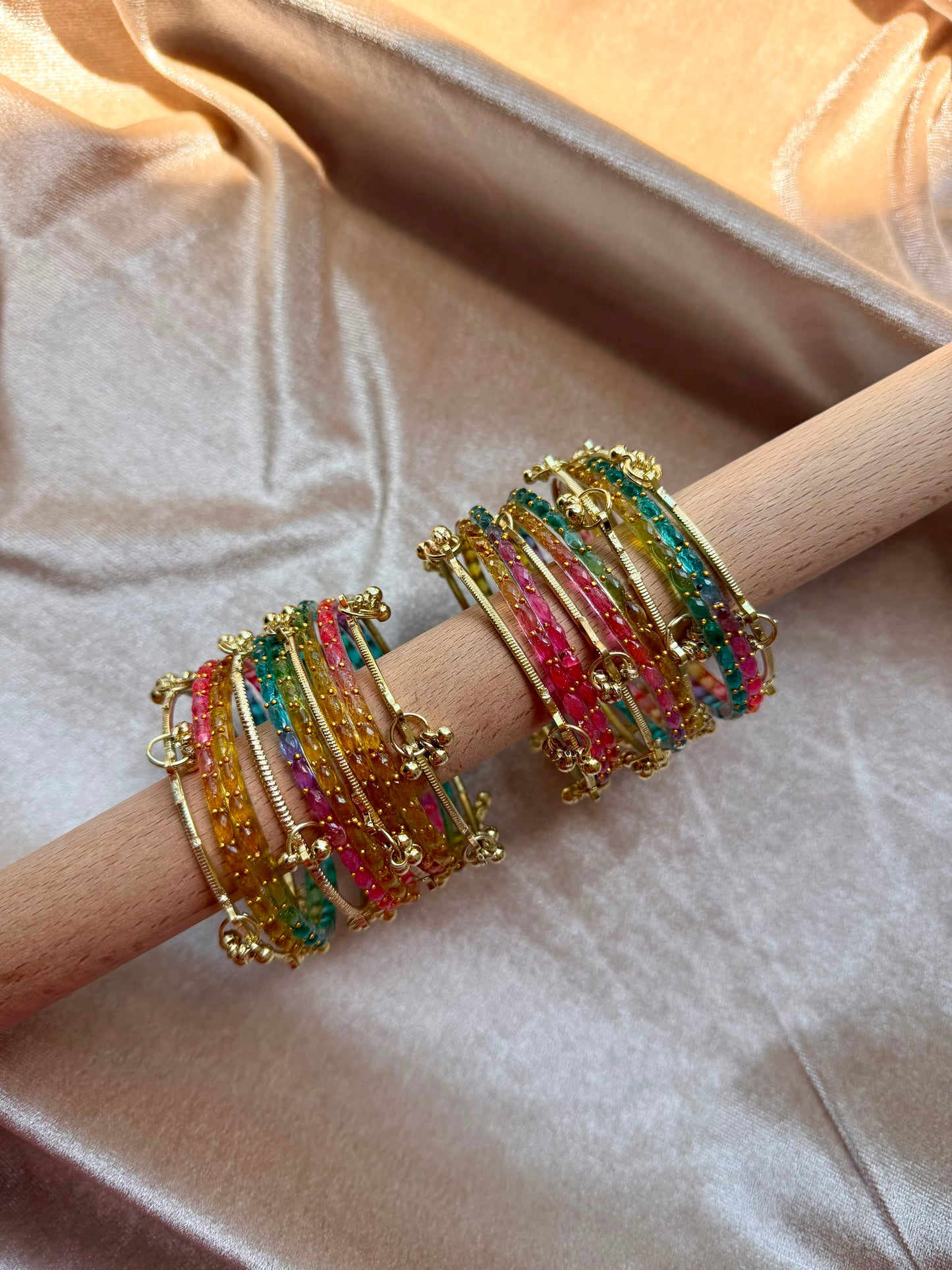 GLASS RAINDROP BANGLES (1 dozen glass & 8 Ghungru)