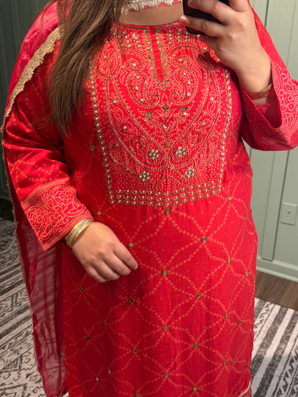 Bandhani Red Hand Embroidered Three Piece