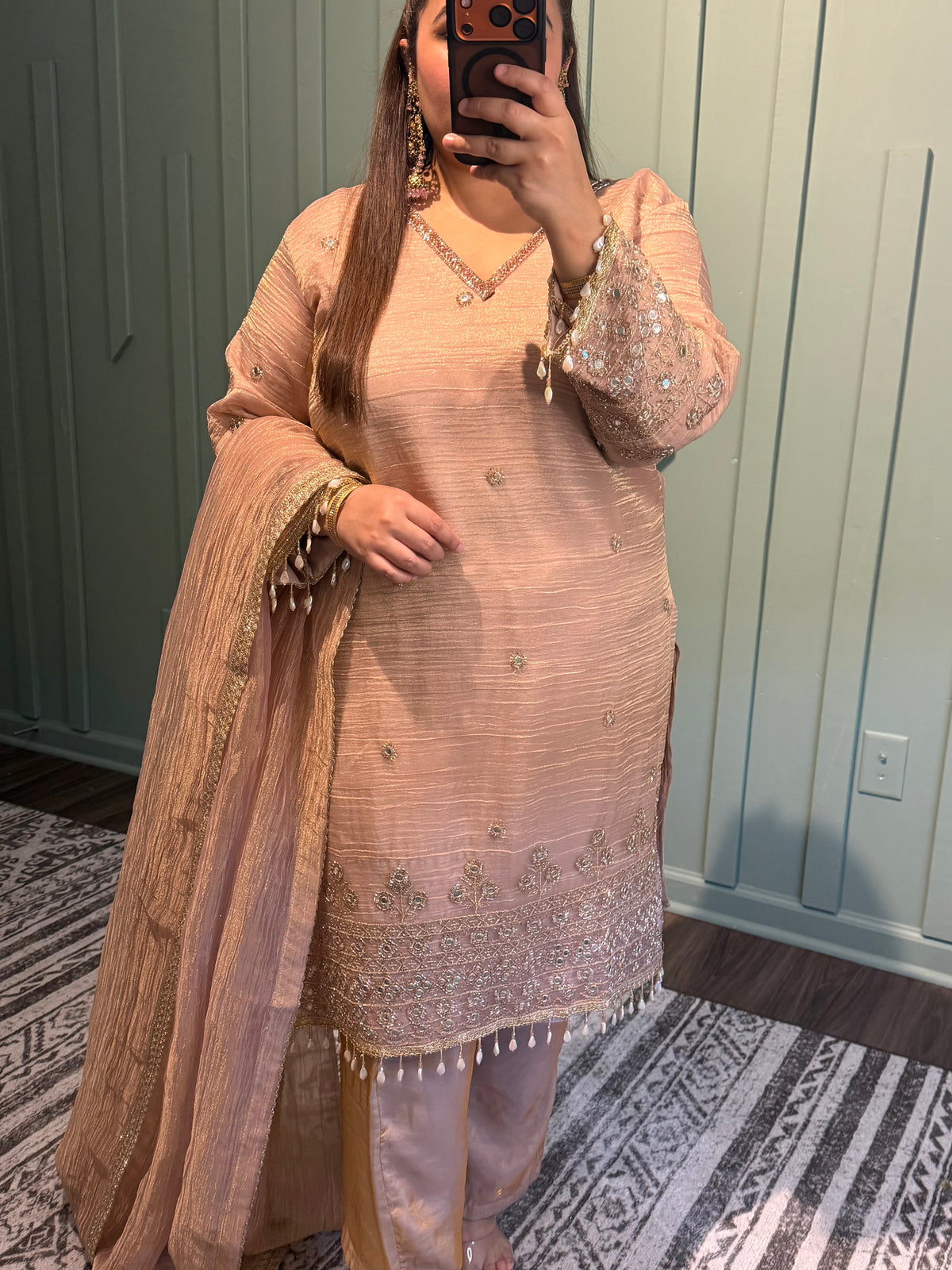 Shimmer Crush Salsa Mirror Hand Embroidered Suit