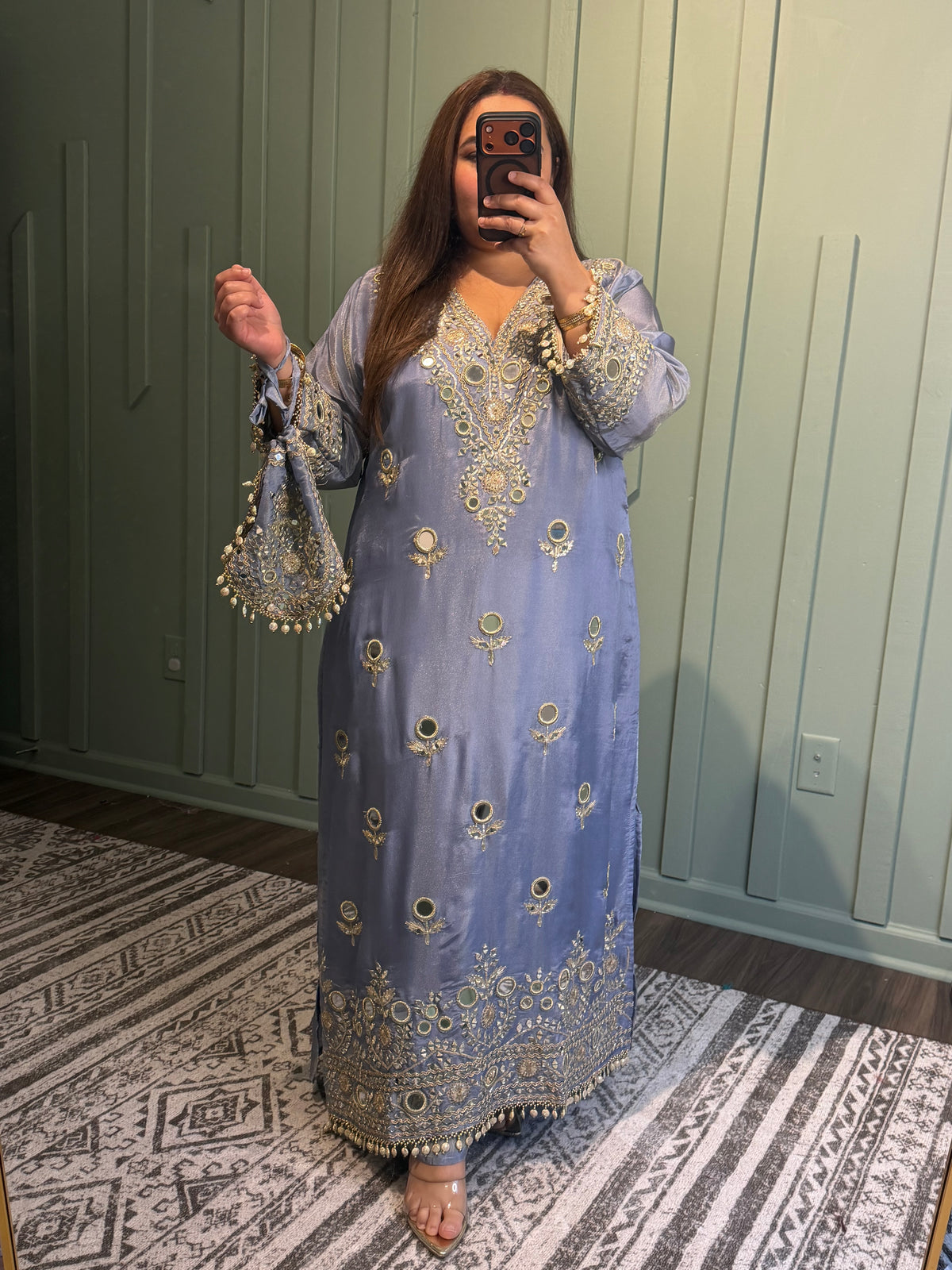 Shimmer Silk Hand Embroidered Firan Three Piece