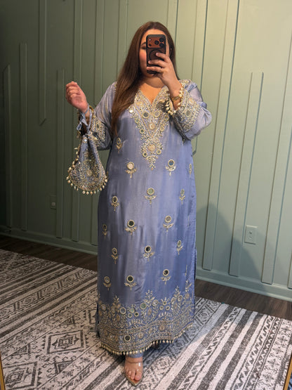 Shimmer Silk Hand Embroidered Firan Three Piece
