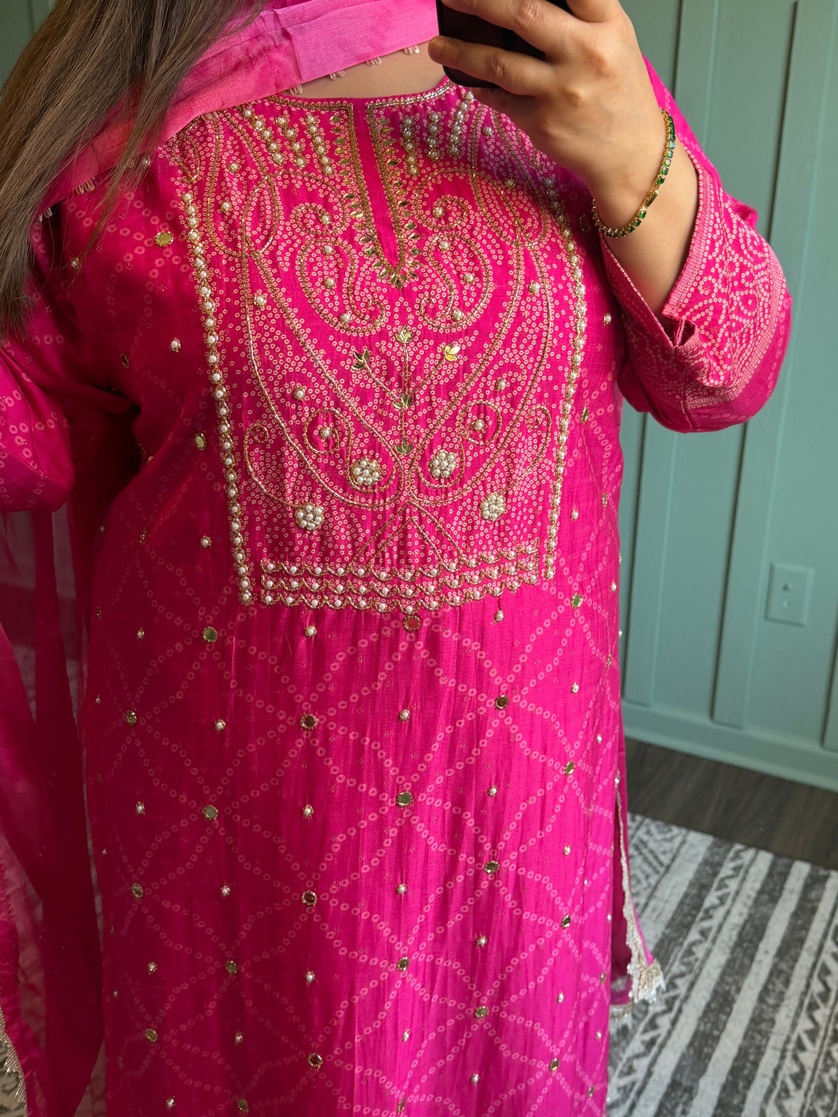 Silk Bandhni Hand Embroidered Three Piece