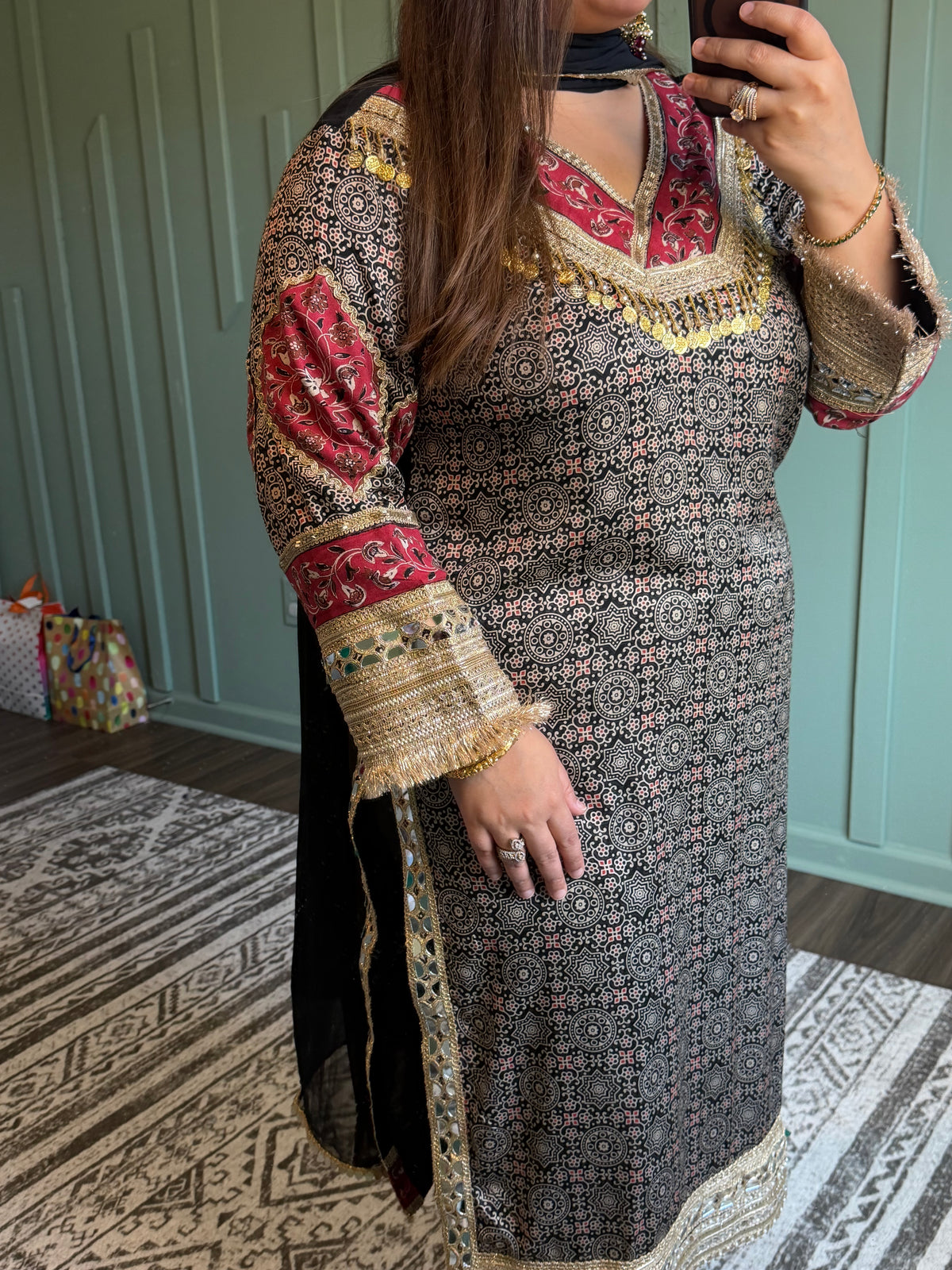 Black Ajarak Viscose Three Piece
