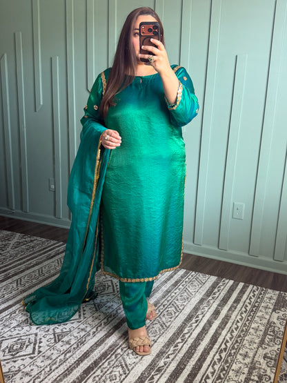 Sheesa Silk Peacock Green Designer Three Piece