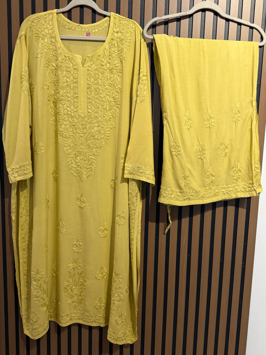 YELLOW RAYON CHIKANKARI WITH PLAZO