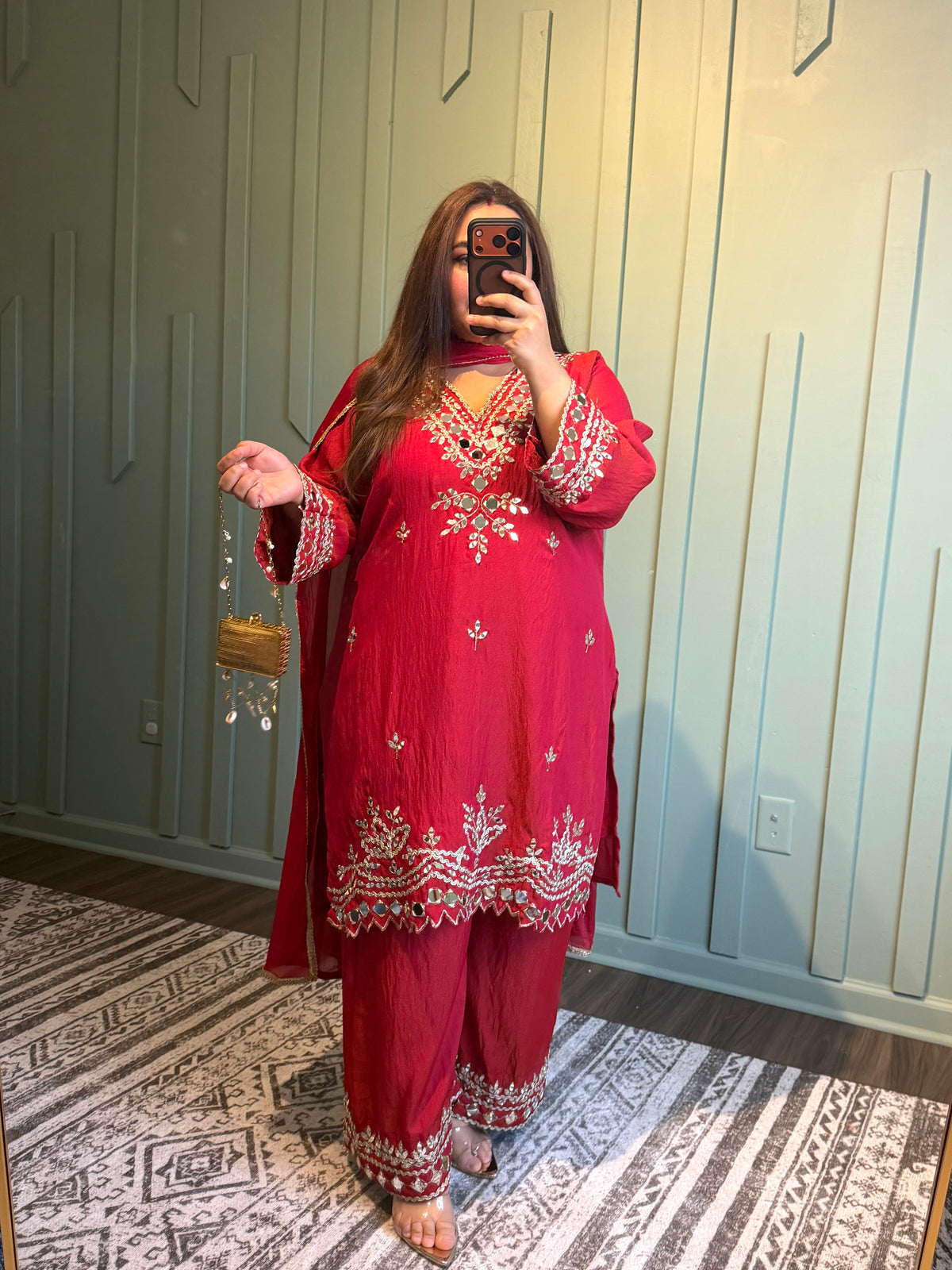 Red Shimmer Silk Mirror Hand Embroidered Three Piece