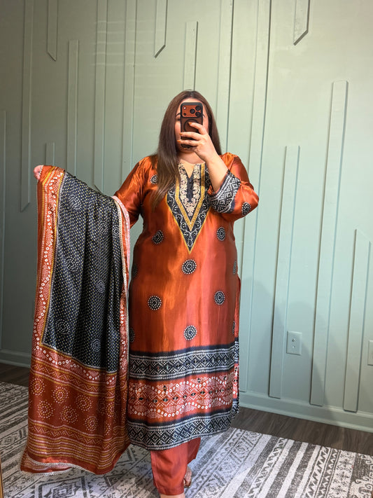 Pure Gajji Silk Copper/Black Bandhani Three Piece