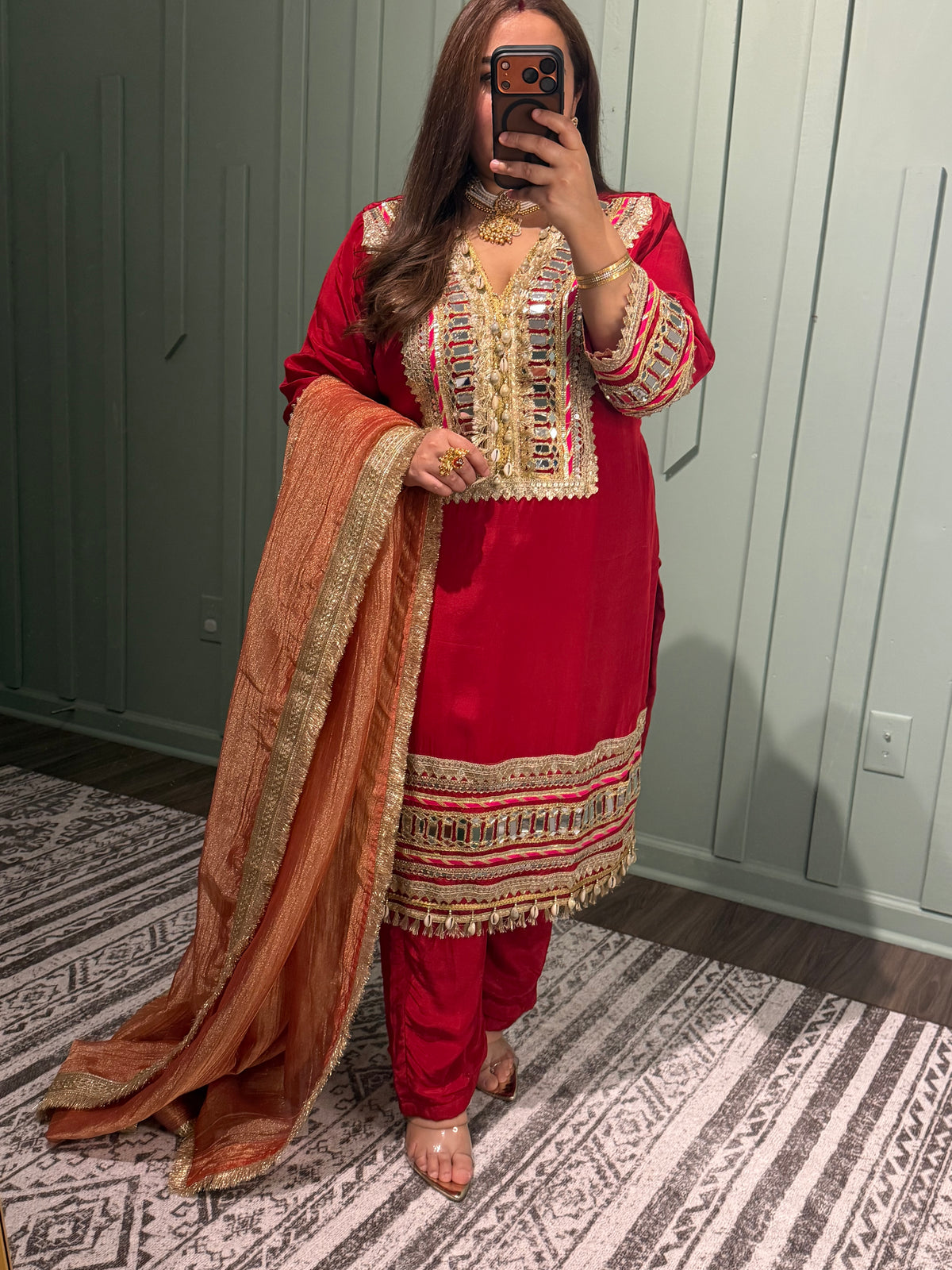 Red Mirror Designer Inspired Pure Natural Crepe Three Piece