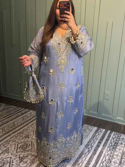 Shimmer Silk Hand Embroidered Firan Three Piece