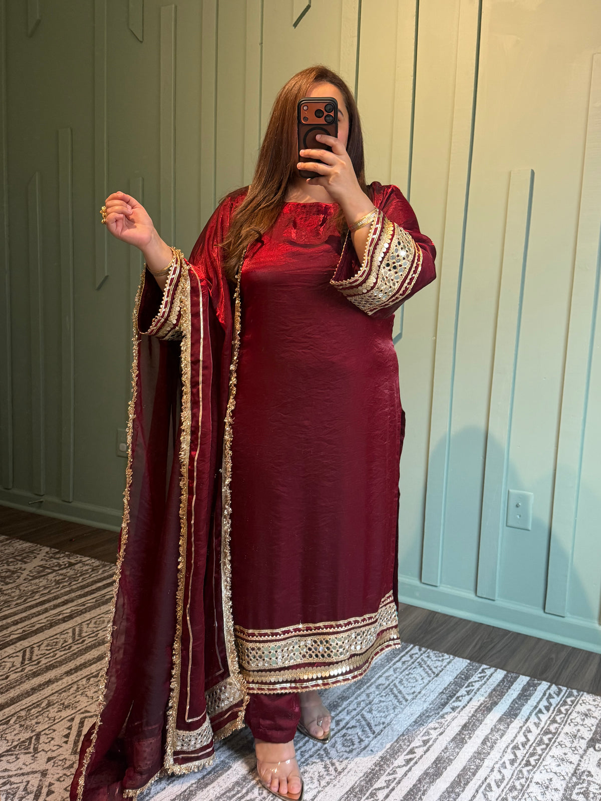 Maroon Fendi Silk Designer Mirror Three Piece