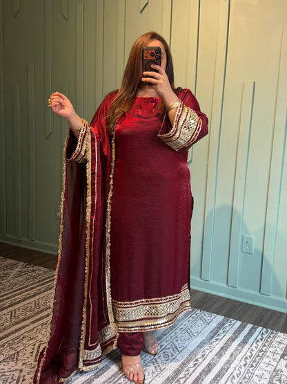 Maroon Fendi Silk Designer Mirror Three Piece