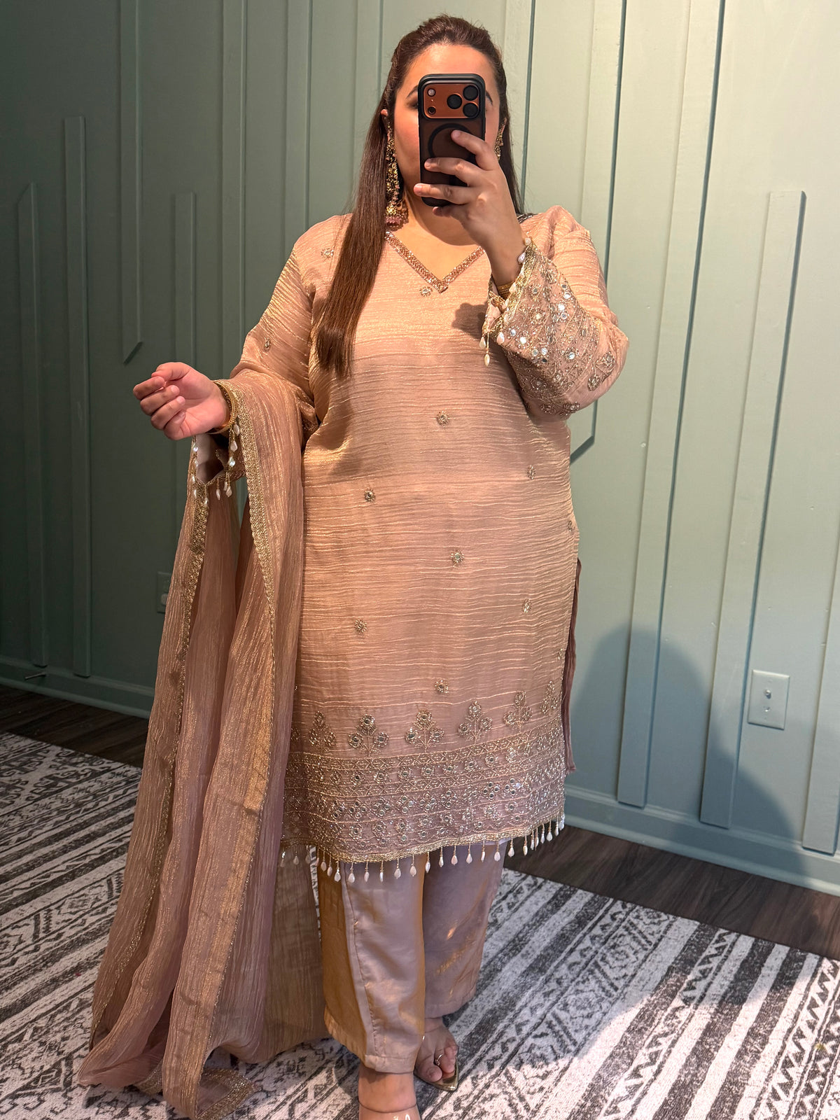 Shimmer Crush Salsa Mirror Hand Embroidered Suit