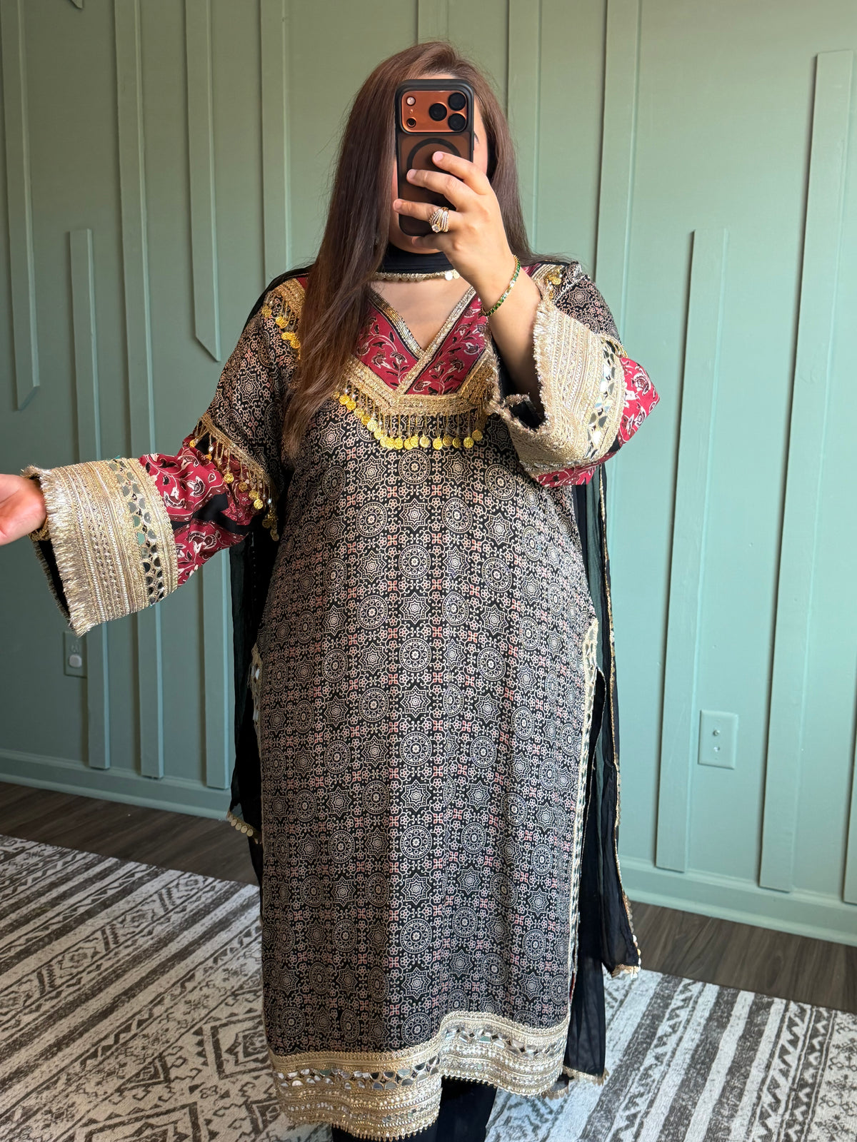 Black Ajarak Viscose Three Piece