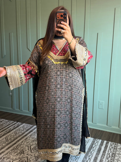 Black Ajarak Viscose Three Piece