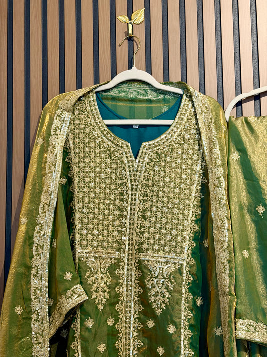Olive Shimmer Zari Sequence Plazo