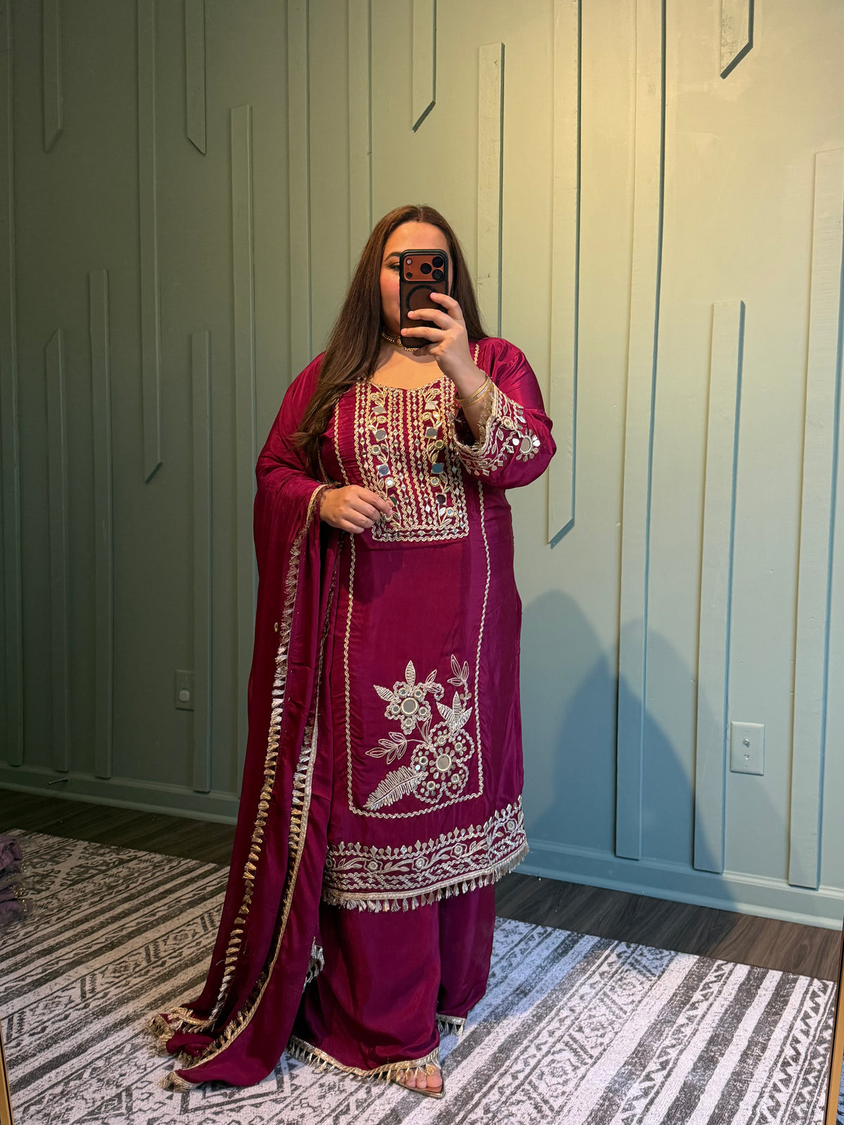 Mirror Hand Embroidered Crepe Three Piece