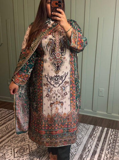 Pure Crepe Hand Embroidered Three Piece