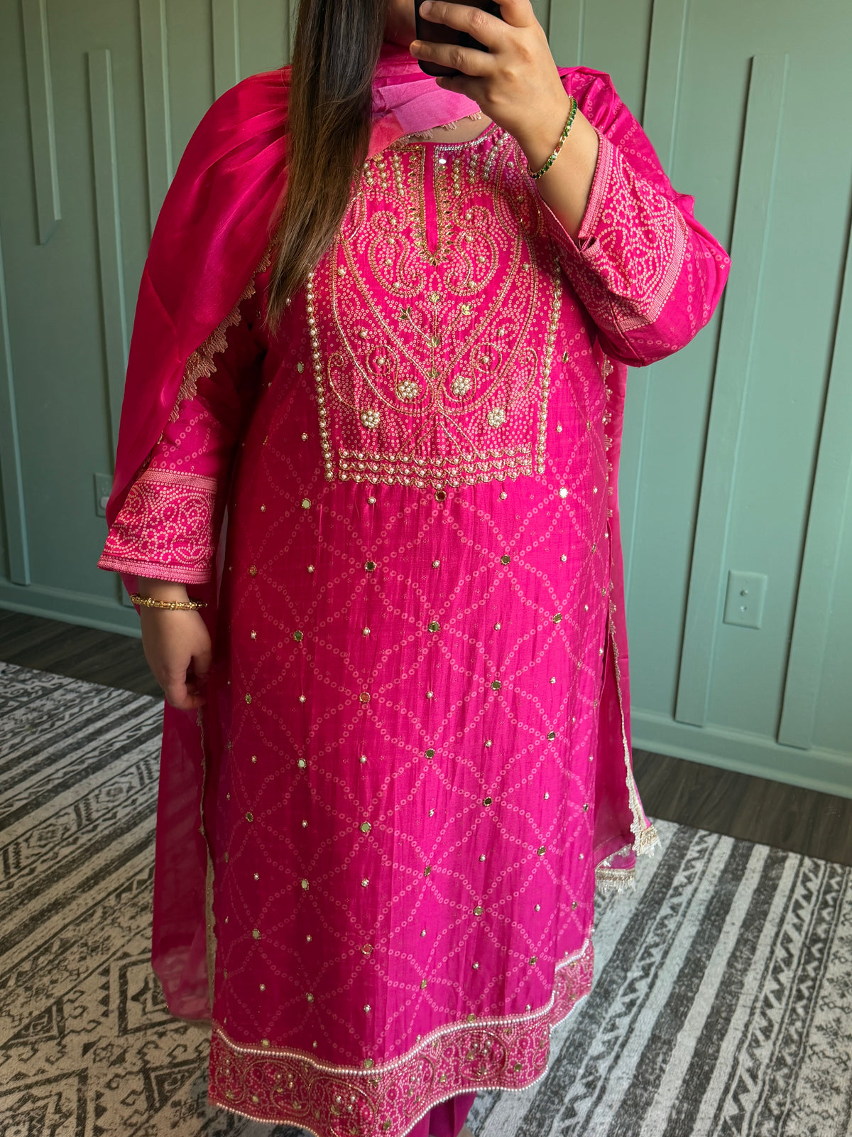 Silk Bandhni Hand Embroidered Three Piece