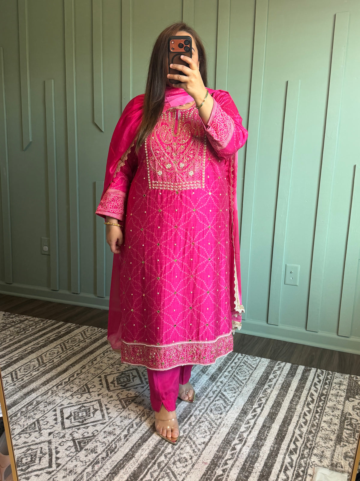 Silk Bandhni Hand Embroidered Three Piece