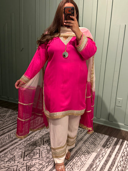 Hot Pink Viscose Muslin Gotta Embroidered Three Piece