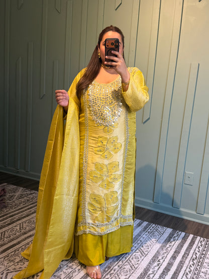 Brocade Mirror Hand Embroidered Sharara Three Piece