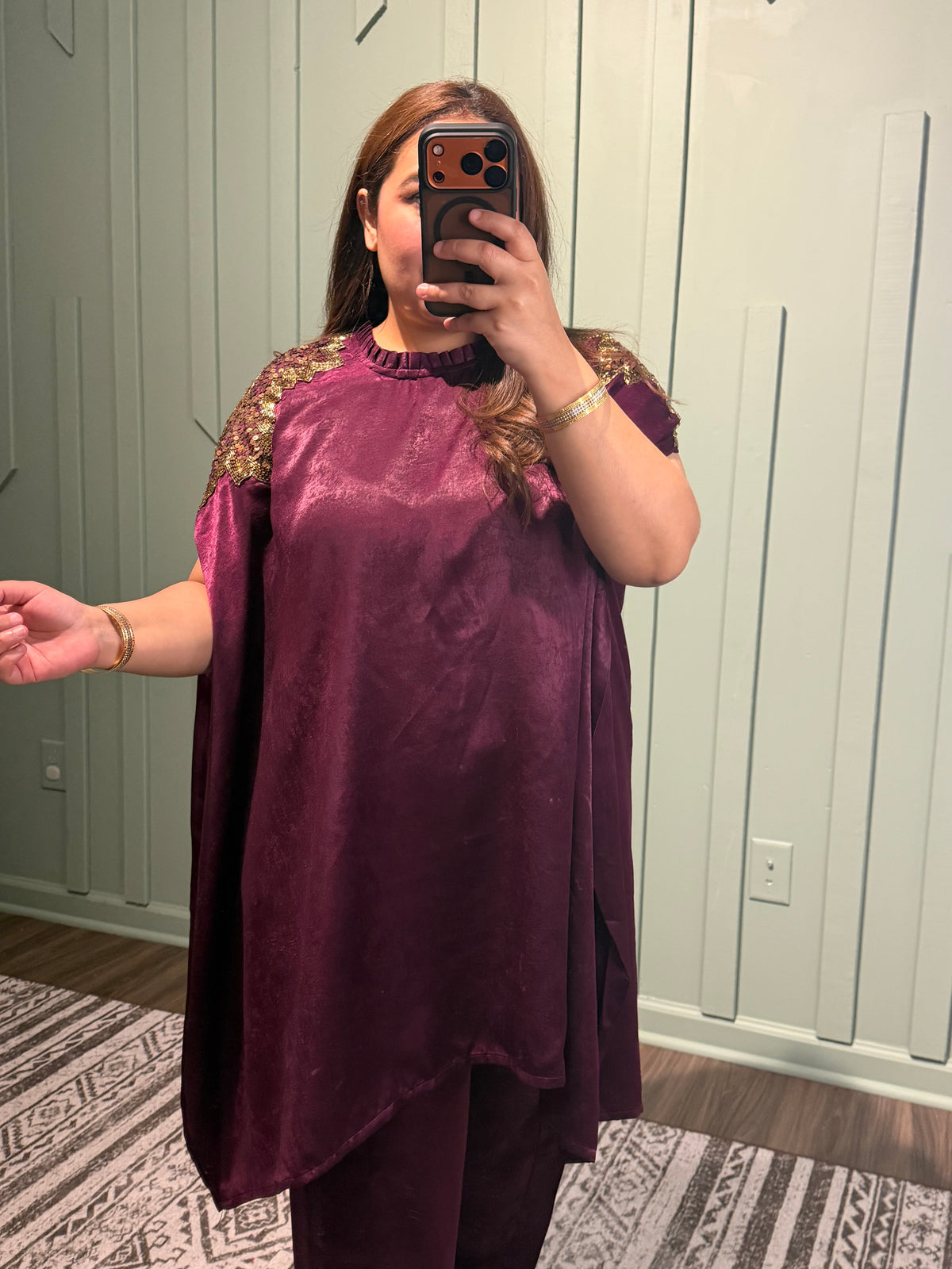 Indo-Western Shadow Silk Hand Embroidered Kaftan Co ord