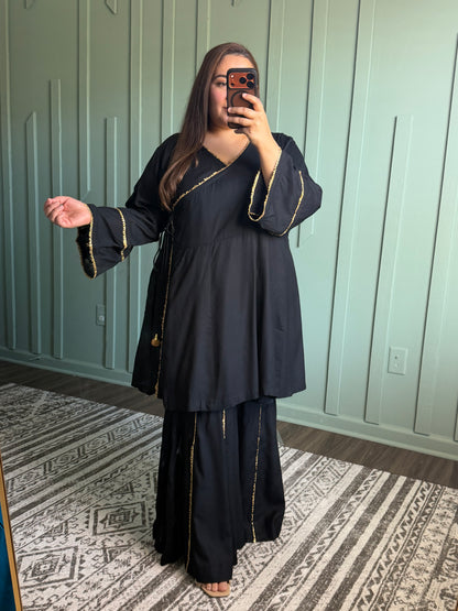 Black Anrakha Short Anarkali Gharara Two Piece