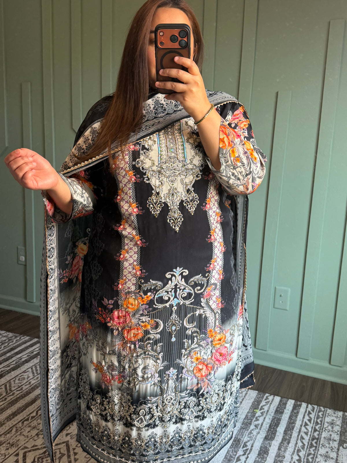 Natural Crepe Handwork Three Piece