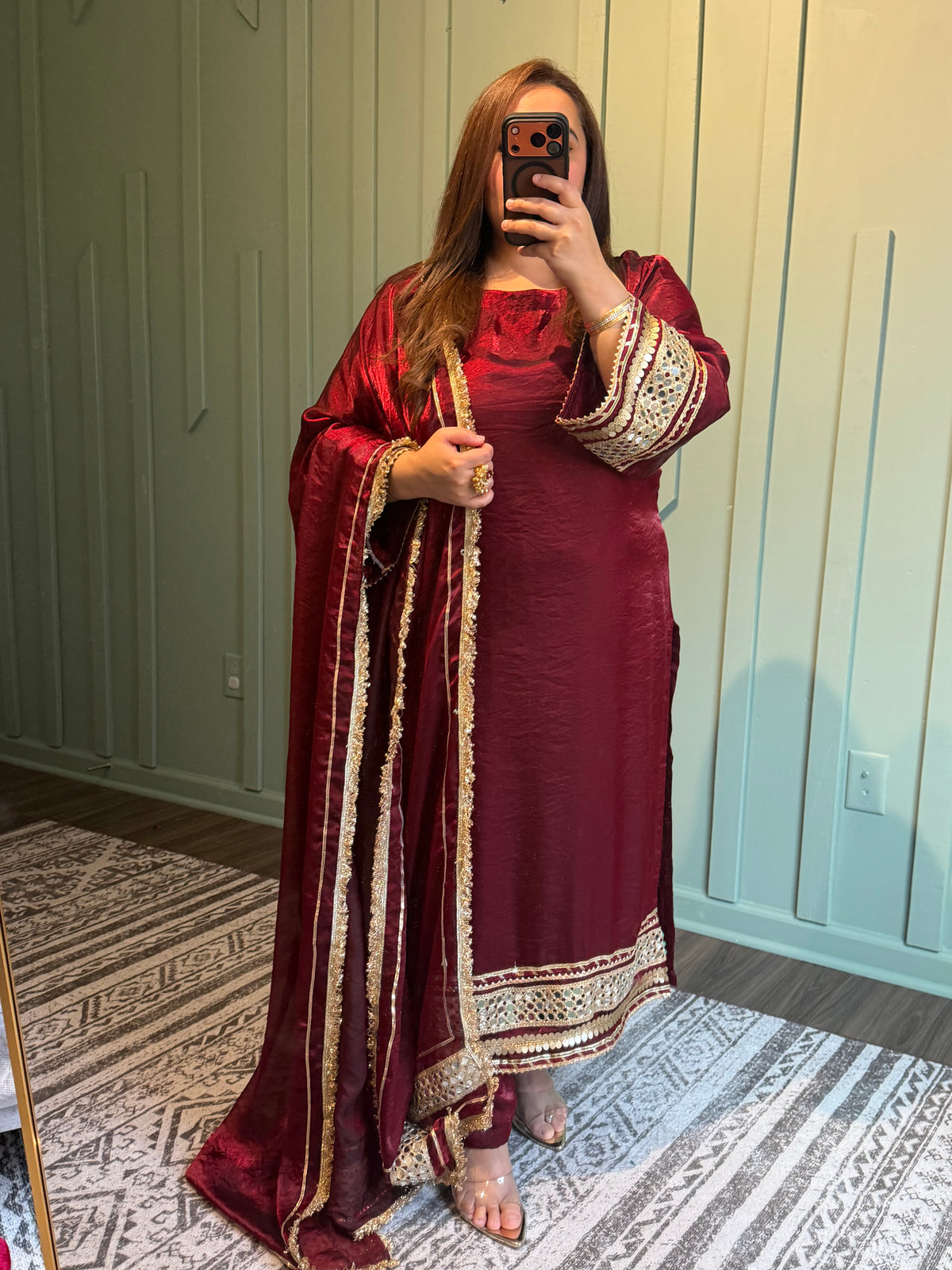 Maroon Fendi Silk Designer Mirror Three Piece