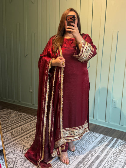Maroon Fendi Silk Designer Mirror Three Piece