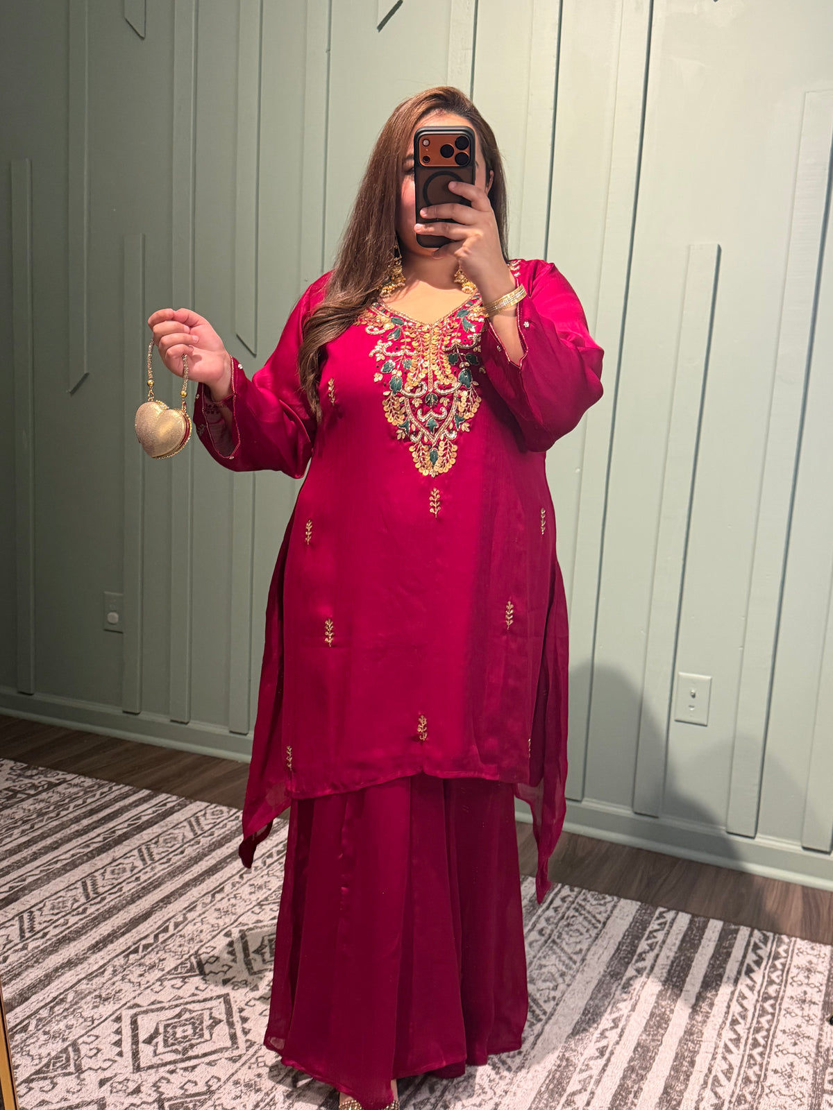 Chiffon Cherry Red Hand Embroidered Co ord
