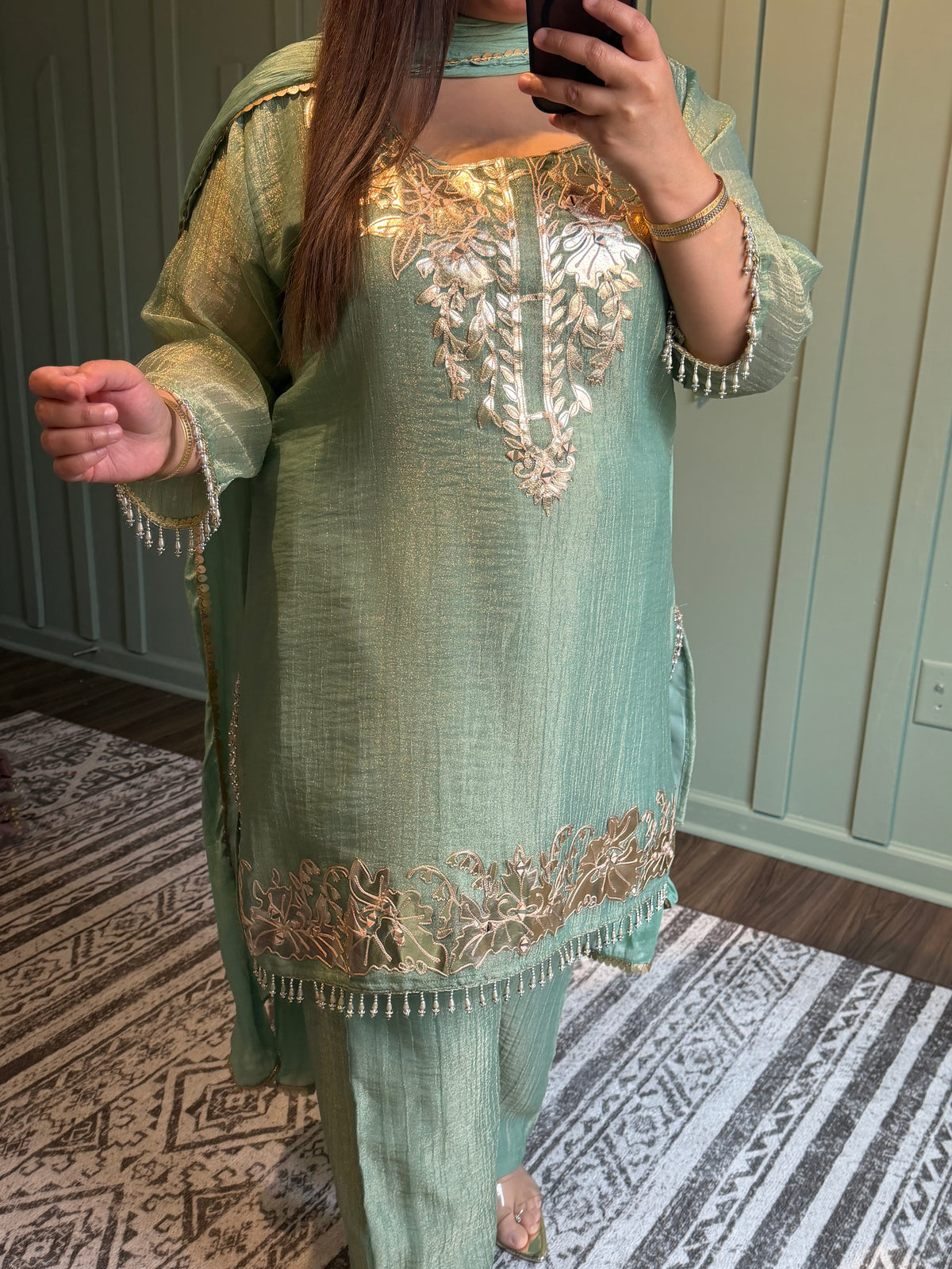 Shimmer Crush Leather Hand Embroidered Three Piece