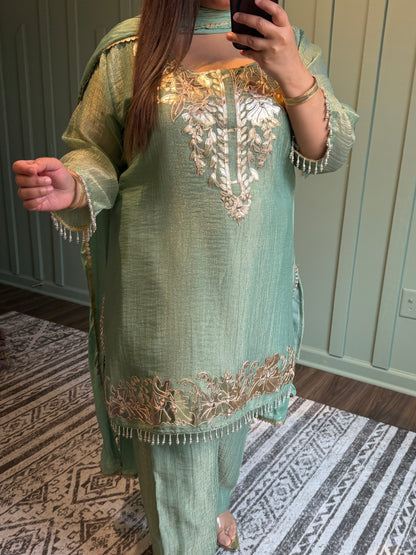 Shimmer Crush Leather Hand Embroidered Three Piece