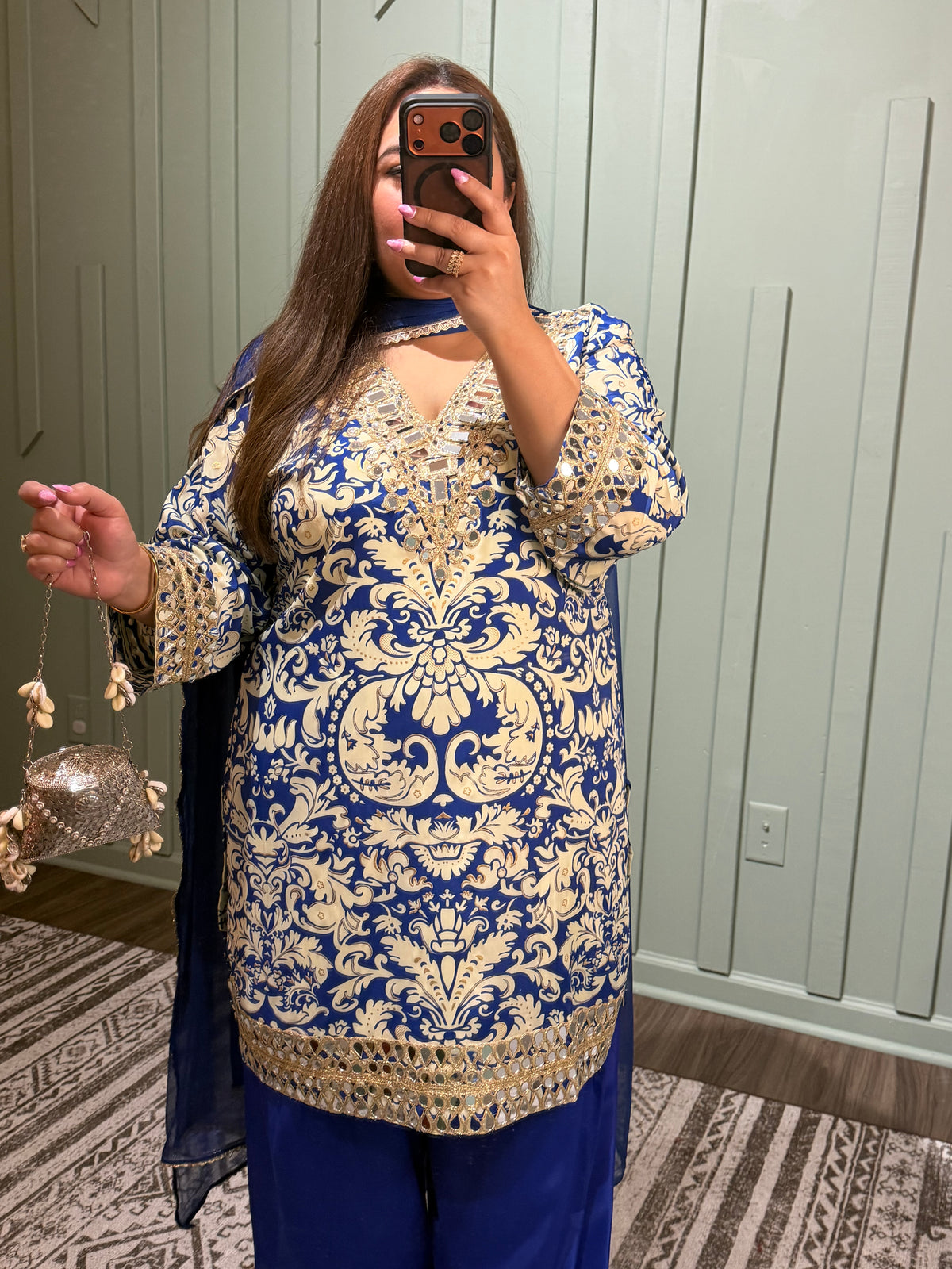 Blue Pure Natural Crepe Print Mirror Farahi