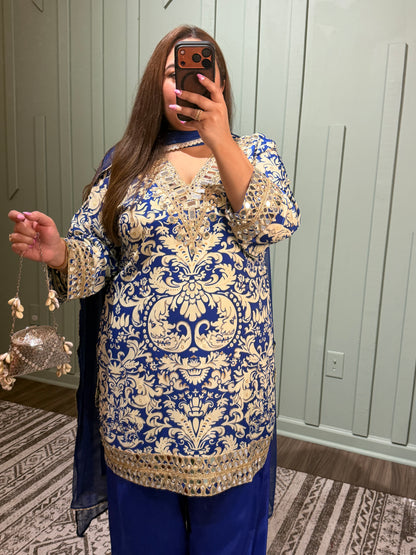 Blue Pure Natural Crepe Print Mirror Farahi