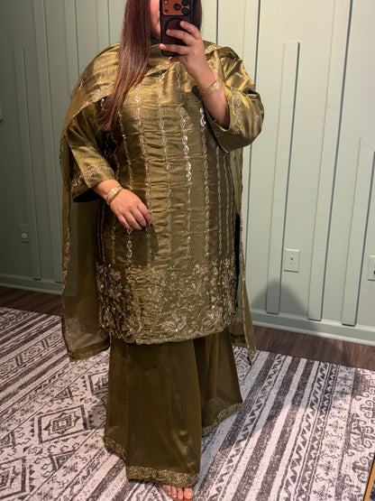 Olive Green Shimmer Sharara Three Piece