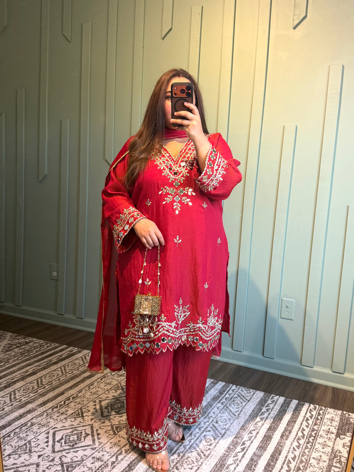 Red Shimmer Silk Mirror Hand Embroidered Three Piece