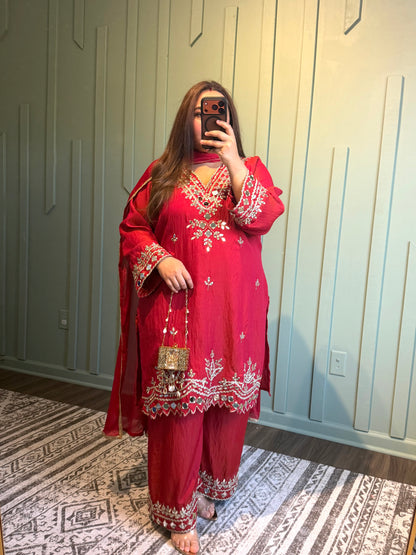 Red Shimmer Silk Mirror Hand Embroidered Three Piece