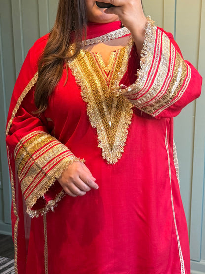 Red Designer Viscous Gotta Hand Work Farshi