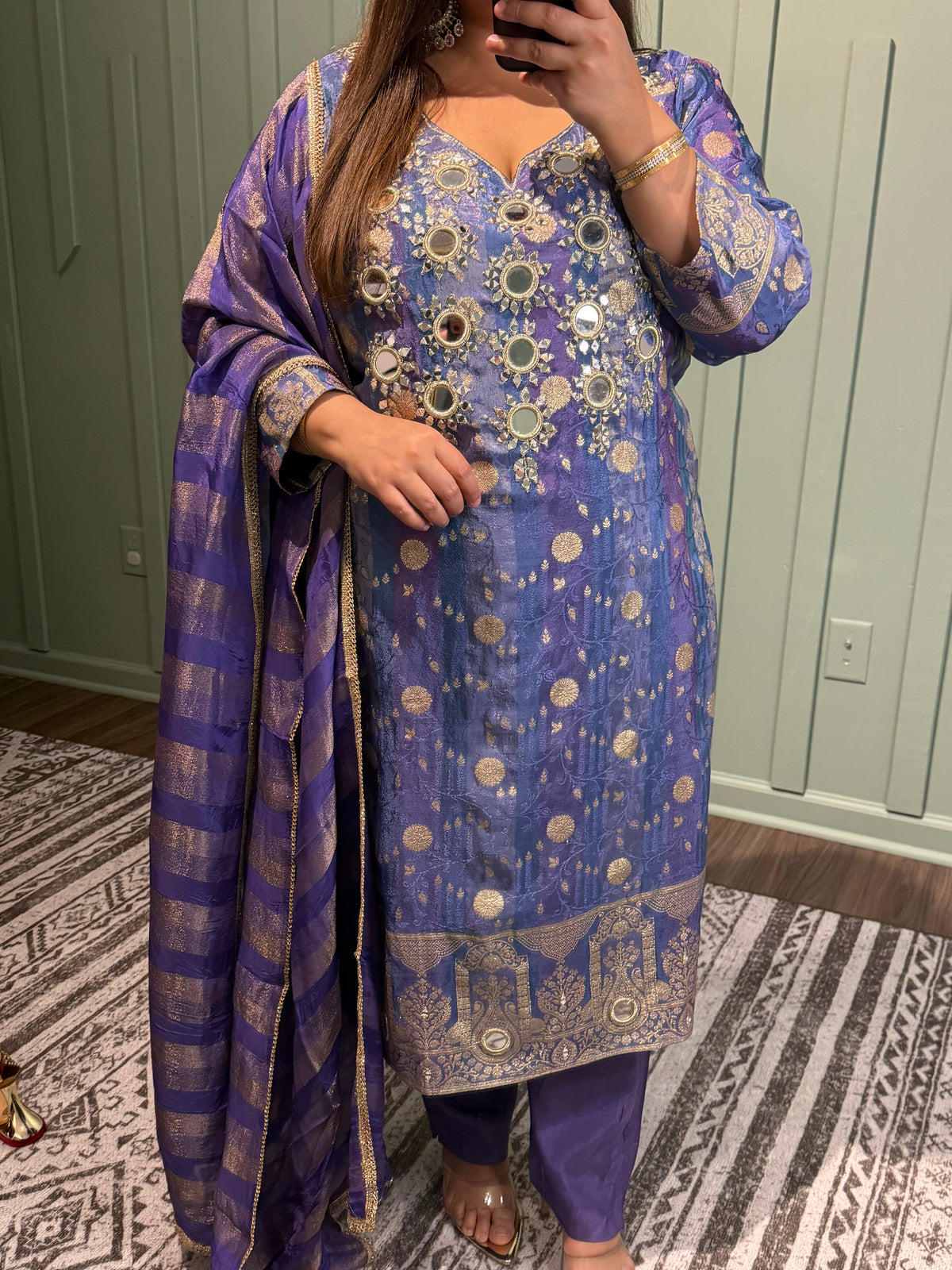 Banarsi Shimmer Mirror Hand Embroidered Three Piece