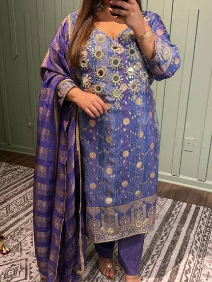 Banarsi Shimmer Mirror Hand Embroidered Three Piece