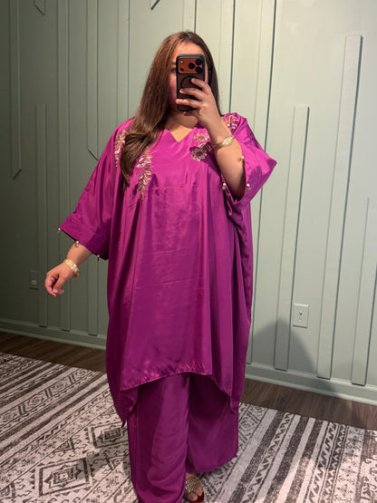 Magenta Pure Crepe Hand Embroidered Choga Set