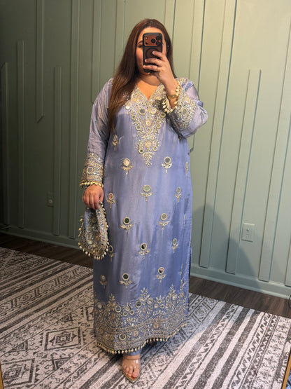 Shimmer Silk Hand Embroidered Firan Three Piece