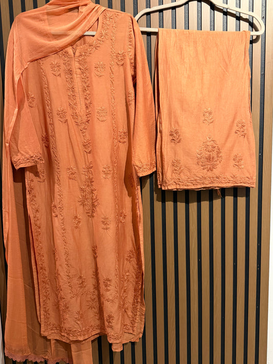 MUL CHANDERI CHIKANKARI PLAZO WITH DUPATTA