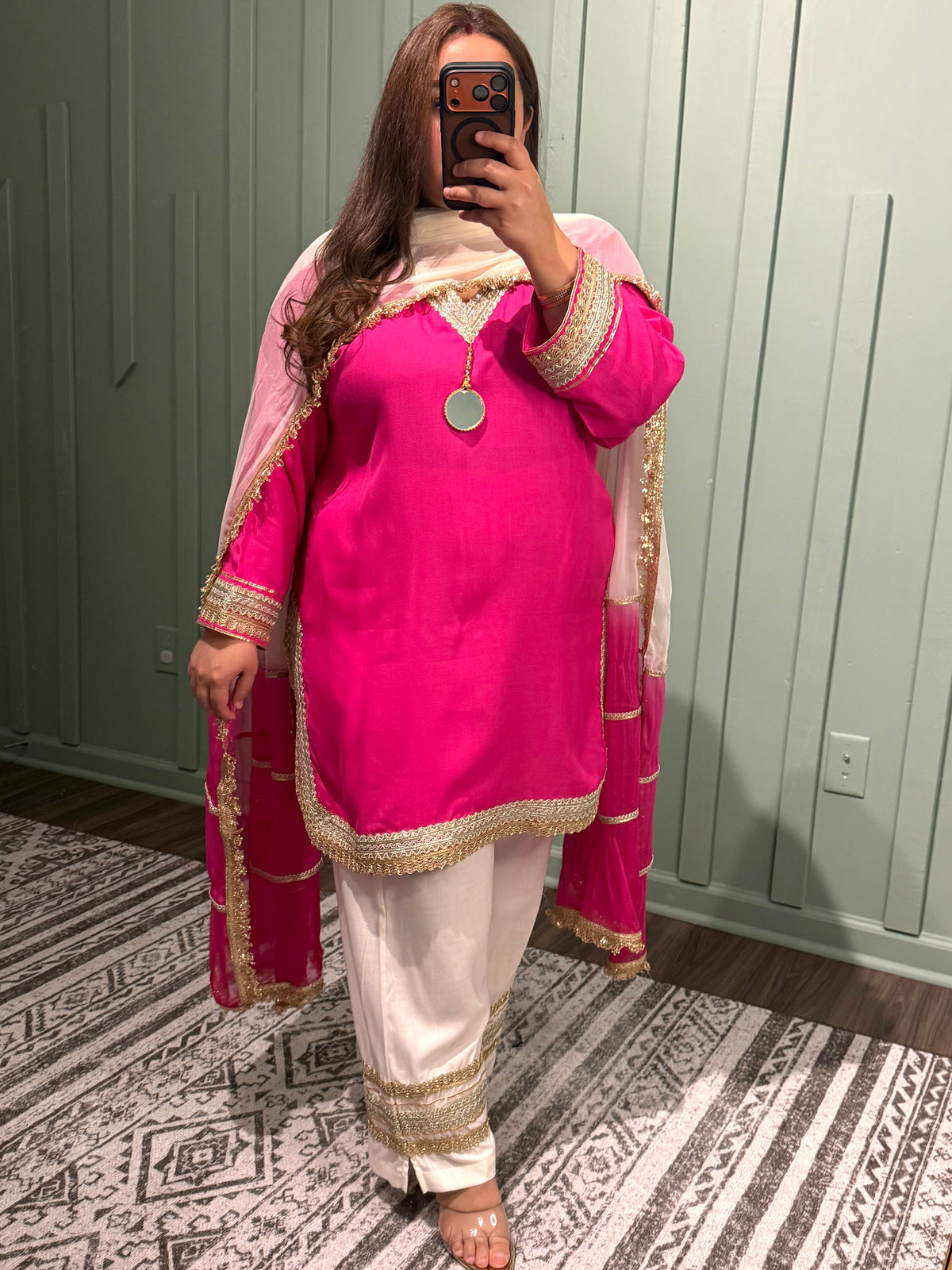 Hot Pink Viscose Muslin Gotta Embroidered Three Piece