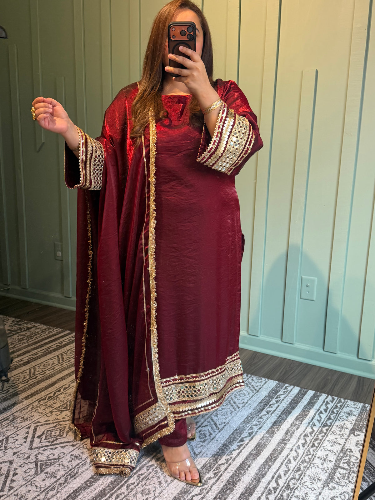 Maroon Fendi Silk Designer Mirror Three Piece