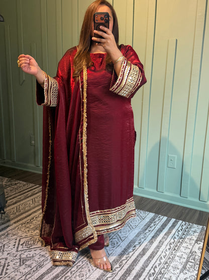 Maroon Fendi Silk Designer Mirror Three Piece